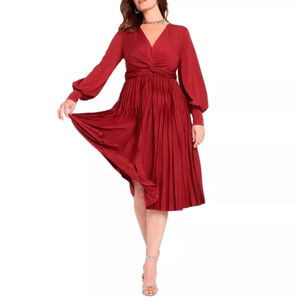 Eloquii Red Maroon Long Sleeve Twist Front Dress